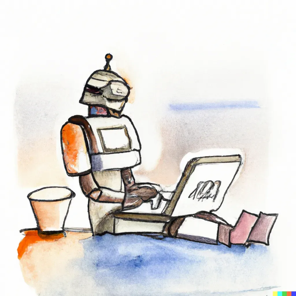 A watercolour drawing of a robot typing on a laptop, made with Dall•e 2