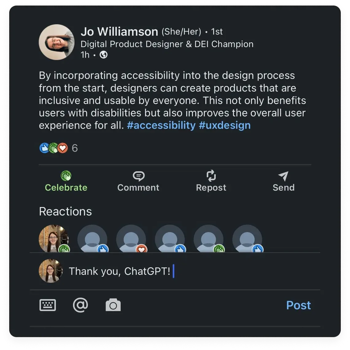 A screenshot of the LinkedIn post on a phone in dark mode. A comment box below it contains the words Thank you, ChatGPT!