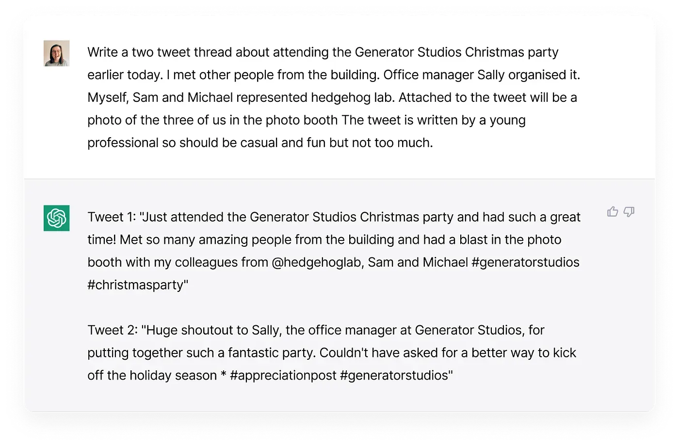A ChatGPT conversation. A detailed prompt asks for a two tweet thread about a Christmas party, and ChatGPT replies with two casual tweets with hashtags.