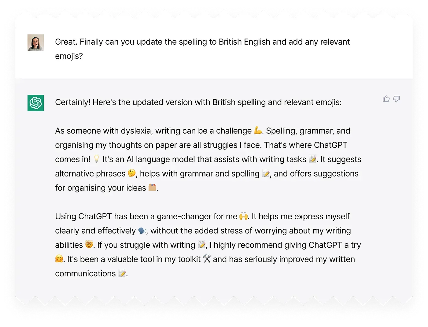 A ChatGPT conversation. A final request asks for British English spelling and relevant emojis, and ChatGPT replies with the same post scattered with emojis.